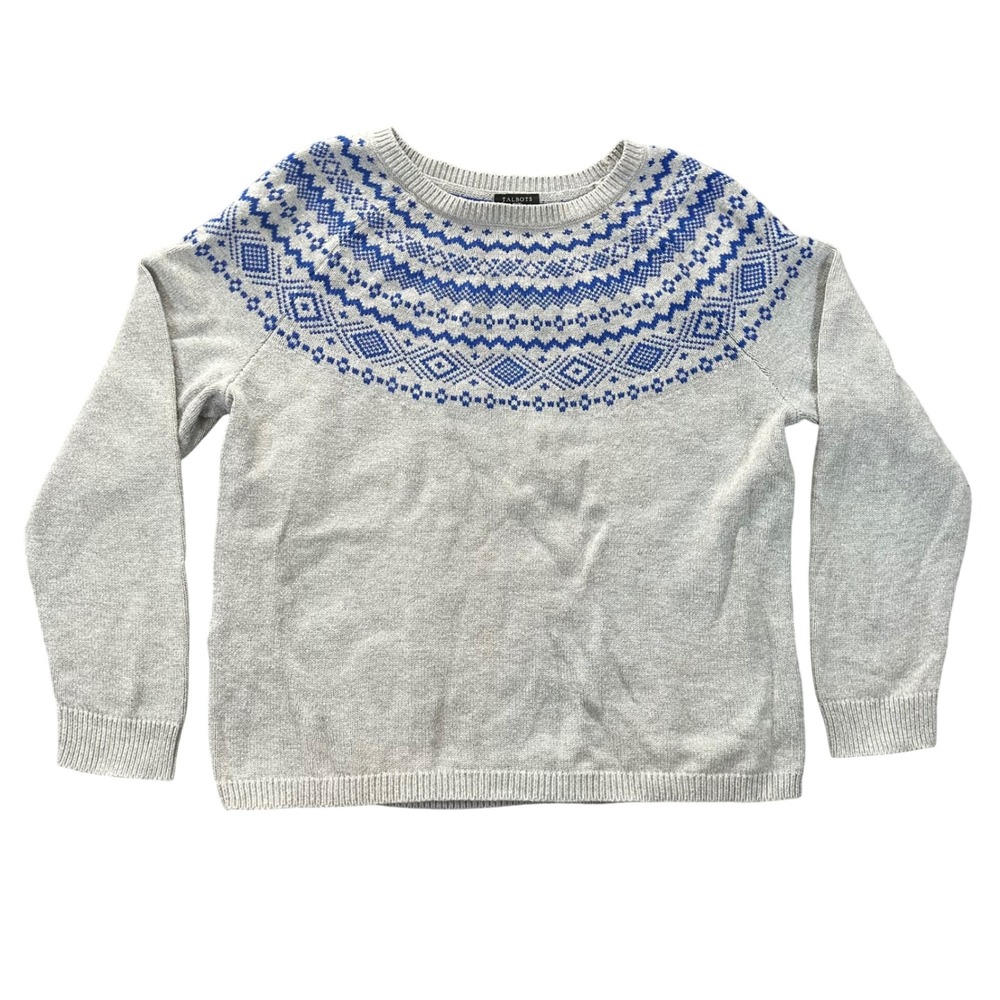 Talbots Petites Womens XL Gray Blue Fair Isle Cotton Blend Knit Pullover Sweater